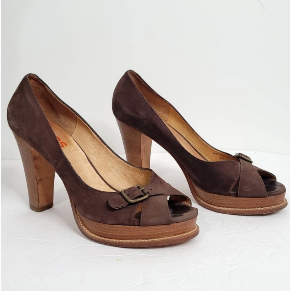 KORS Michael Kors Brown Suede Peep Toe Stacked Platform Pumps Heels 6